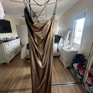 Mac Duggal Shimmering Gold Backless Dress